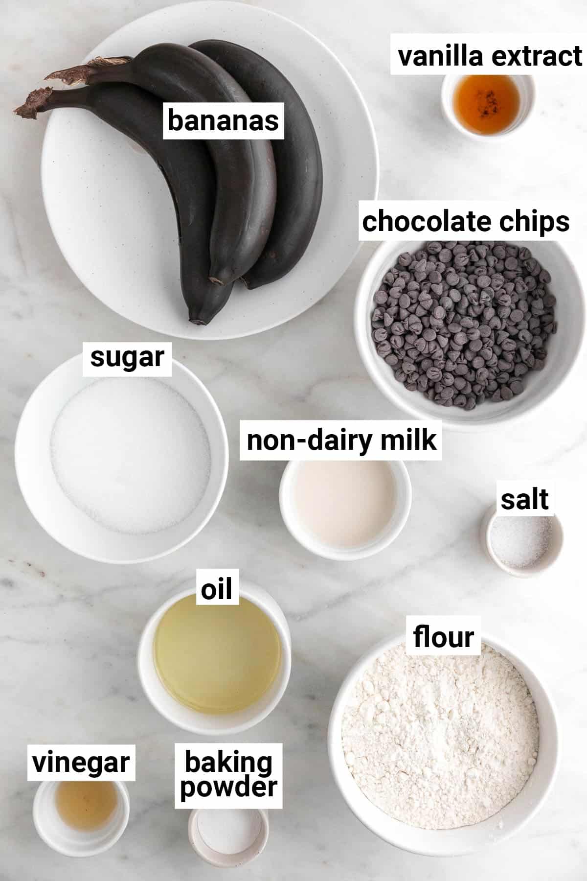Ingredients needed to make vegan banana bread.