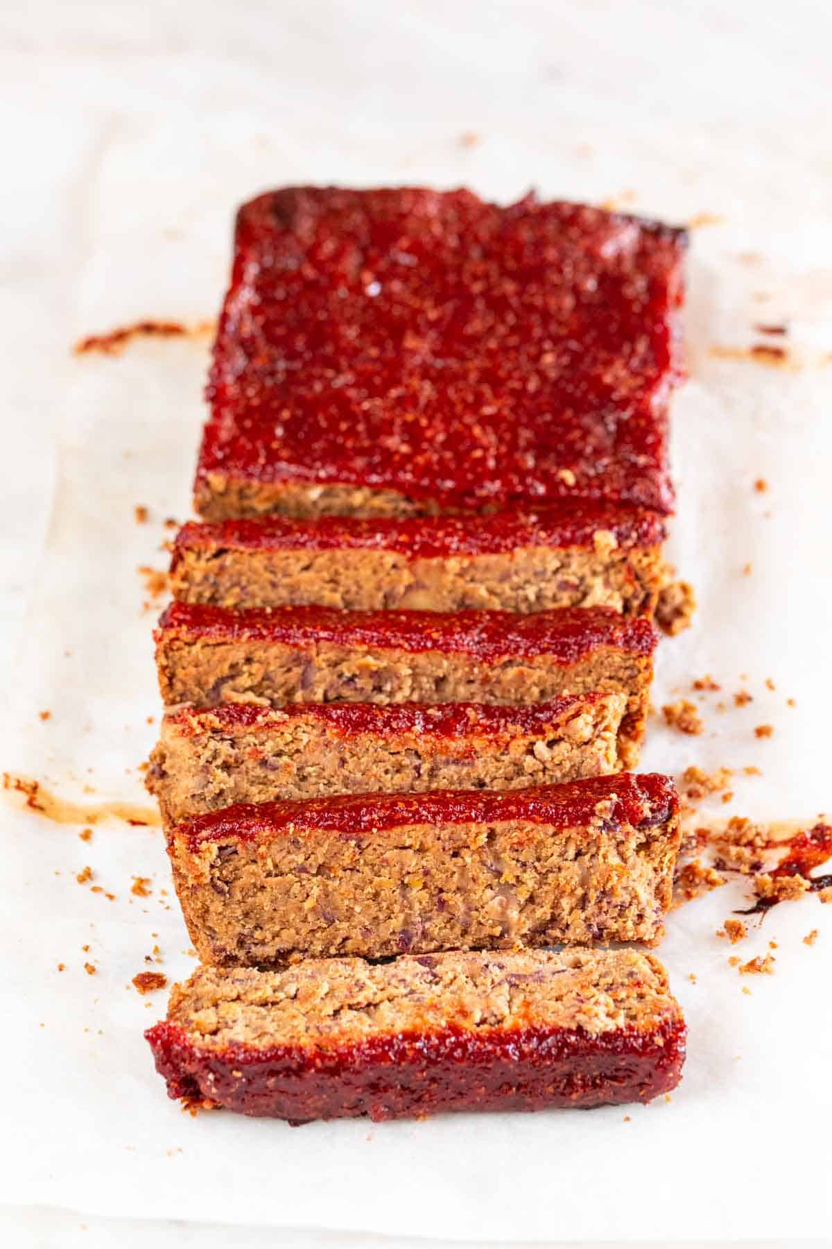 Sliced vegan meatloaf.