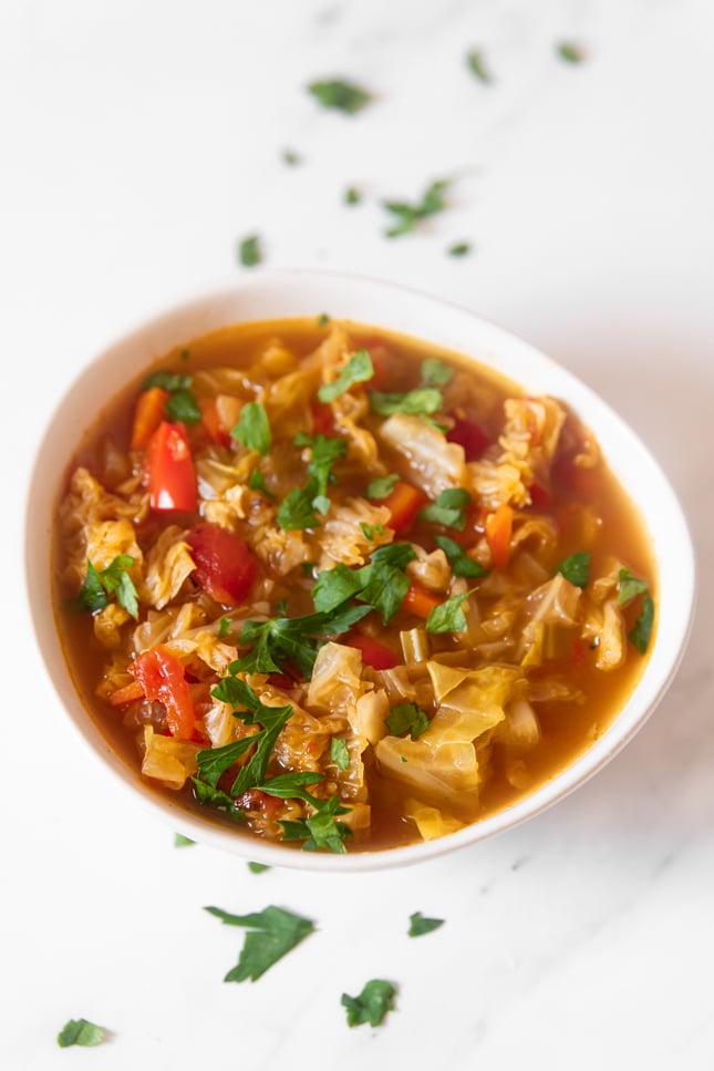 Photo of a bowl of cabbage soup taken from the above