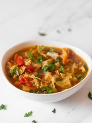 Photo of a bowl of homemade cabbage soup