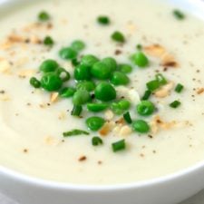 Close-up photo of a bowl of vegan cauliflower soup