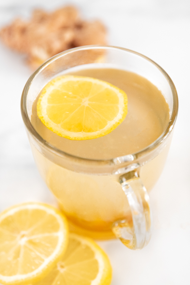 Photo of a cup of lemon ginger tea taken from de above