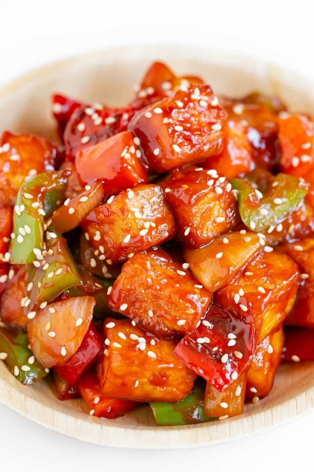 Photo of a plate of sweet and sour tofu