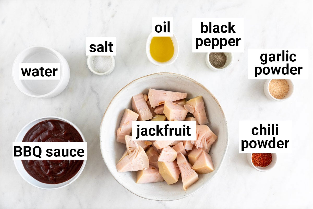 Ingredients needed to make vegan BBQ jackfruit pulled pork.