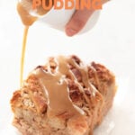 Photo of a slice of vegan bread pudding with sugar glaze and a title