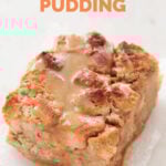 Photo of a slice of vegan bread pudding with a title
