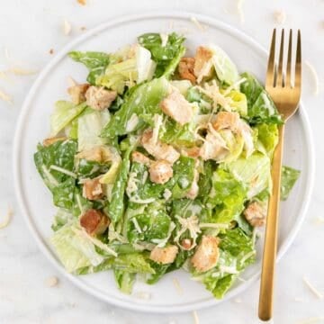 Plated Vegan Caesar Salad and fork.