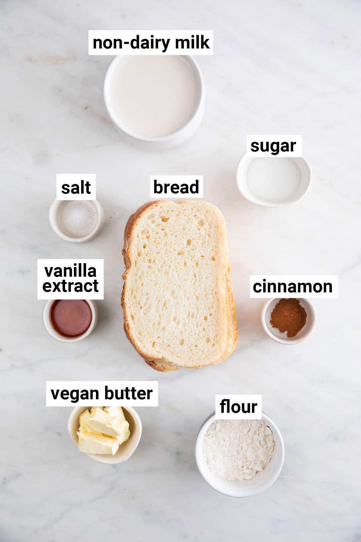 Ingredients needed to make vegan French toast.
