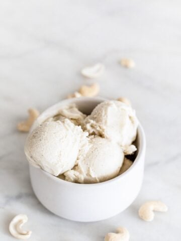 Photo of a bowl with 3 servings of vegan ice cream in it