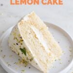 Photo of a slice of vegan lemon cake onto a place with a heading