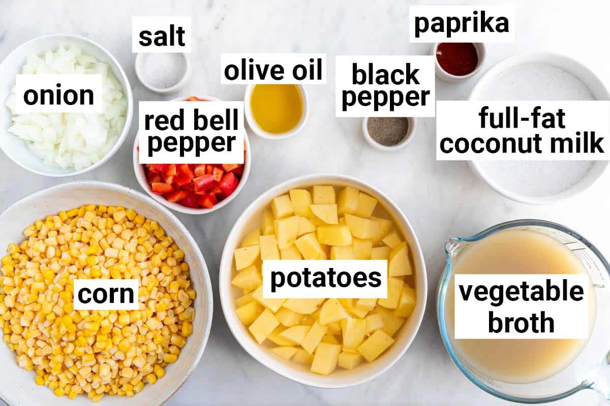 Ingredients needed to make vegan potato and corn chowder.